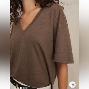 Reiss Ember Relaxed Chocolate Brown V-Neck Linen Tee